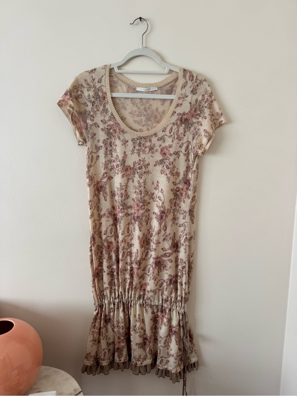 Beige Floral Scoop-Neck Midi Dress with Pink Accents